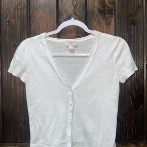 LOFT White Fitted Short Sleeve Button Down Cardigan